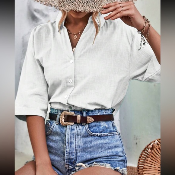 Classic Side Slit Button Down Semi Sheer Shirt Top Blouse - Picture 5 of 5